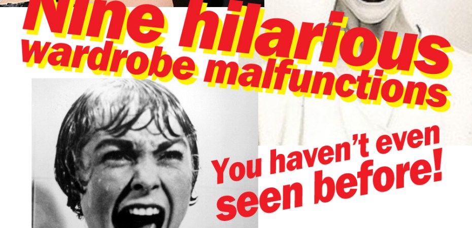 Ironic or parody clickbait advertisement montage of scared-looking women. Headline: 'nine hilarious wardrobe malfunctions you haven't even seen before'.