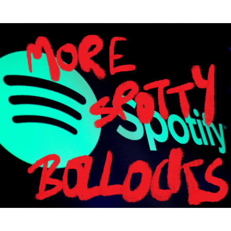 A screenshot of the Spotify logo with red handwritten script overlaid, reading "More spotty bollocks"