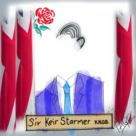 Satirical cartoon showing Sir Keir Starmer as an invisible man, only hair and suit visible, against a background of union flags.