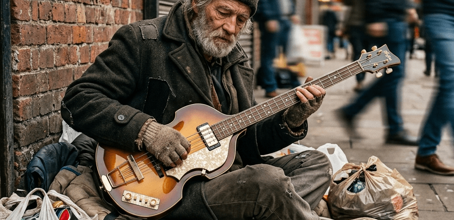 An elderly homeless man sits on a pavement against a shuttered shop front, playing a Höfner violin bass guitar. He wears a worn dark coat and knitted hat, surrounded by plastic bags, a tin can used for collecting coins, and scattered litter. Pedestrians pass by blurred in the background on a grey, overcast day.