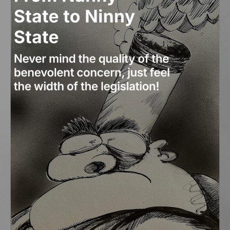 Pen-and-ink cartoon of a scowling face whose head morphs into a giant cigarette, belching smoke — used to illustrate an article titled "From Nanny State to Ninny State" with the subheading "Never mind the quality of the benevolent concern, just feel the width of the legislation!"