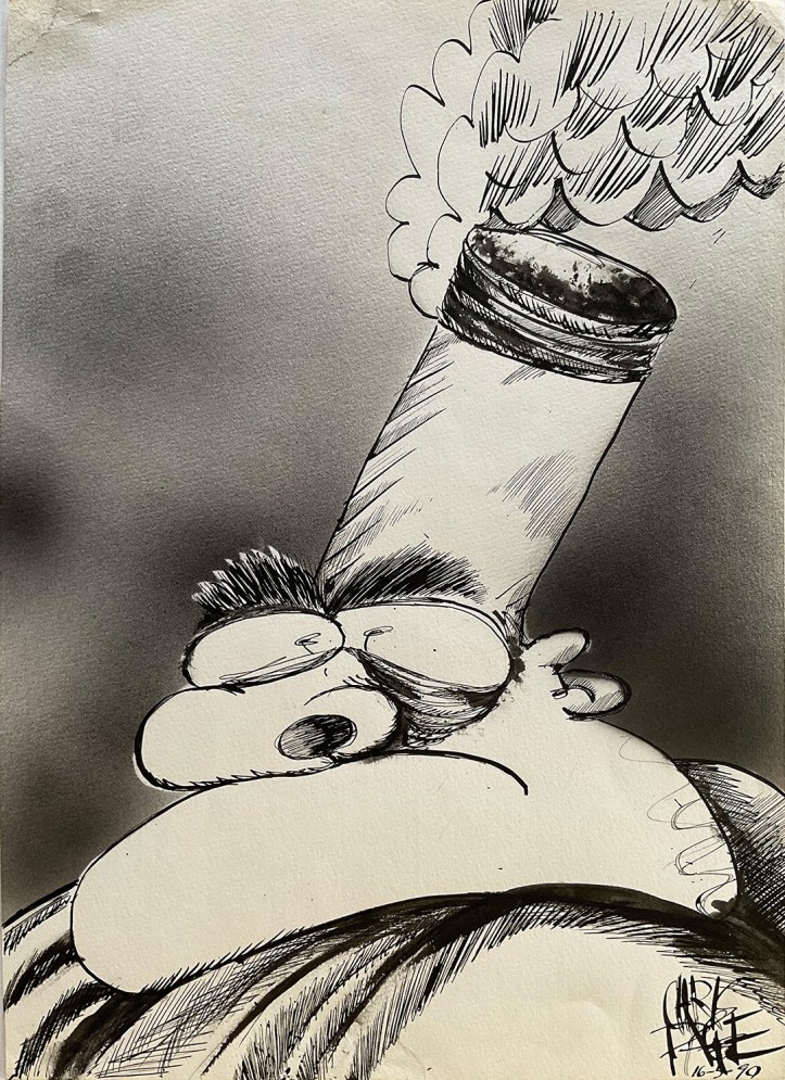 Black-and-white ink cartoon of a scowling, heavy-jowled face whose head morphs into a giant cigarette, complete with a glowing tip and rising smoke. A caricature about addiction. Signed "Chris Page, 16-9-90."